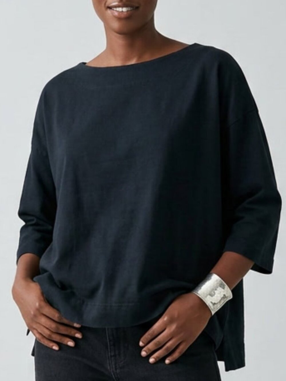 Pacific Cotton 100% Cotton Minimalist Black Boxy Boat Neck T Shirt Size M
